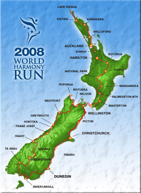 New Zealand World Harmony Run Itinerary 2008