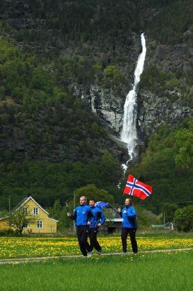 Running by waterfall