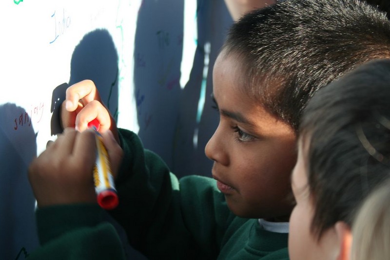 Signing the world map.